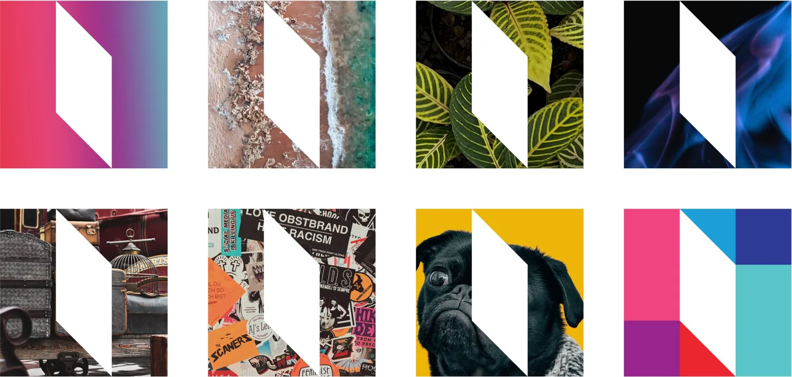 Eight versions of the One Totem mark, each filled with a different image: a pink gradient, a shoreline seen from above, striped leaves, blue smoke, a room of old suitcases, a wall of stickers, a black pug on yellow, and the original colour blocks