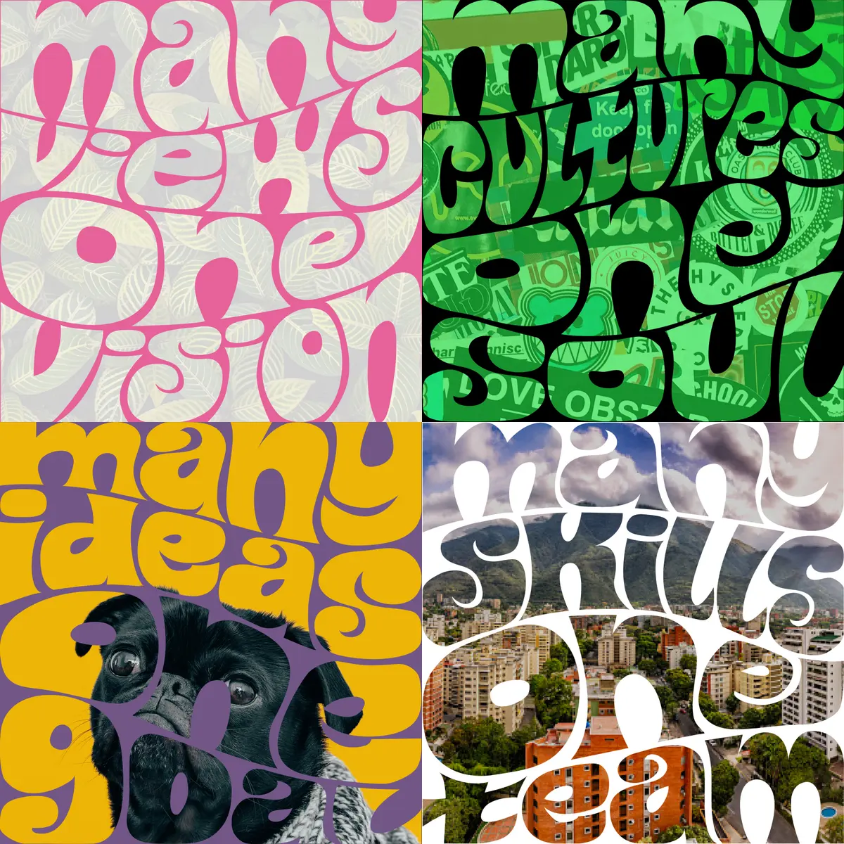 Four mottos set in the same rounded lettering, each cut out of a different image: many views one vision, many cultures one soul, many ideas one goal, many skills one team